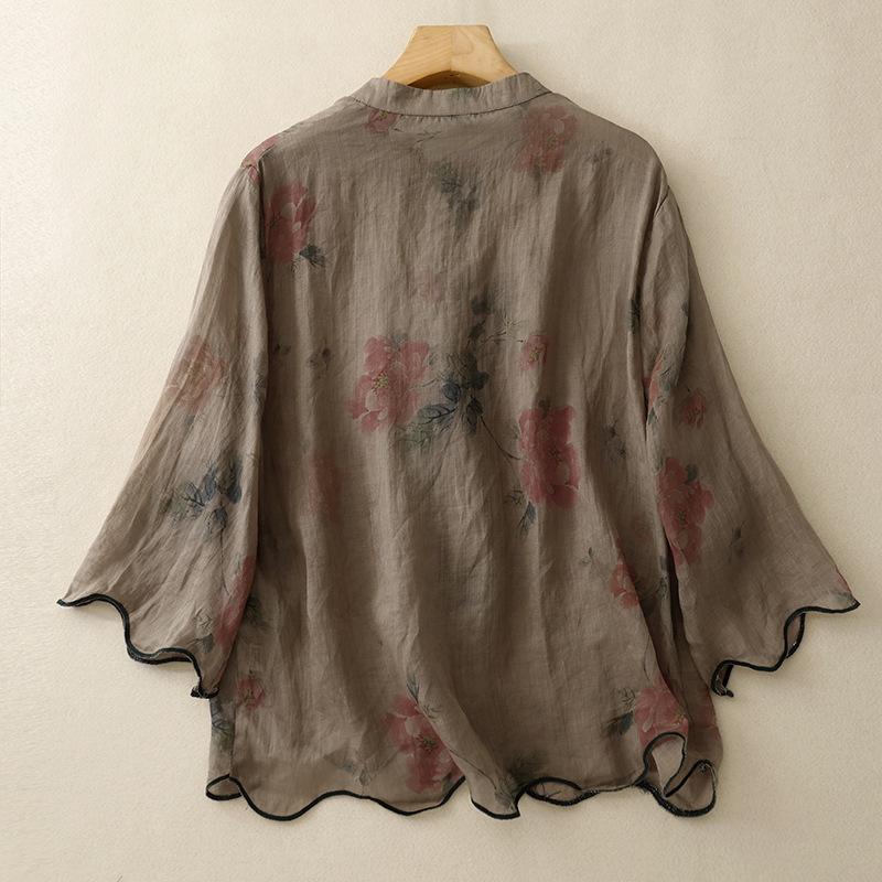 Retro printed cotton and linen shirt women's summer new medium round neck disc button seven-quarter sleeve zen cardigan top