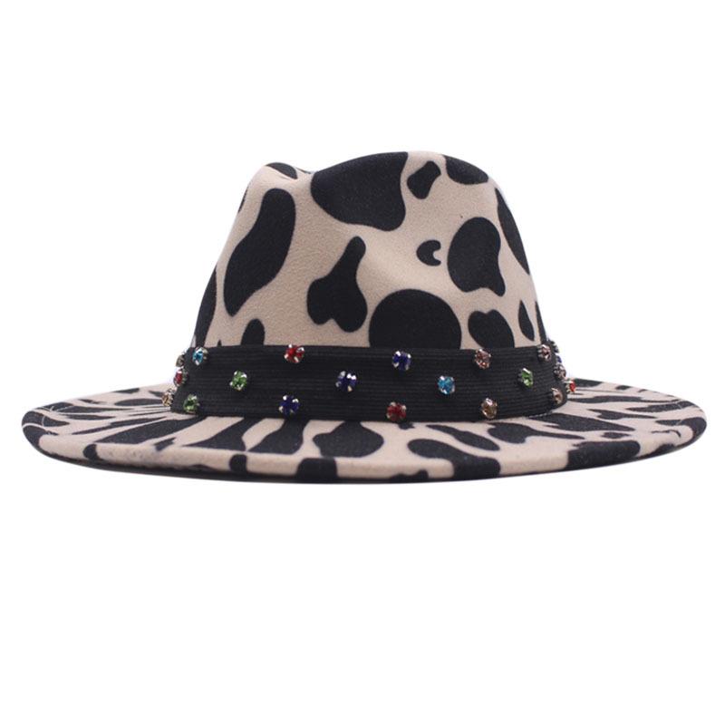 Cow Pattern Woolen Top Hat Women's Tie-dyed Fedora Hat European and American Popular Color Diamond Jazz Hat