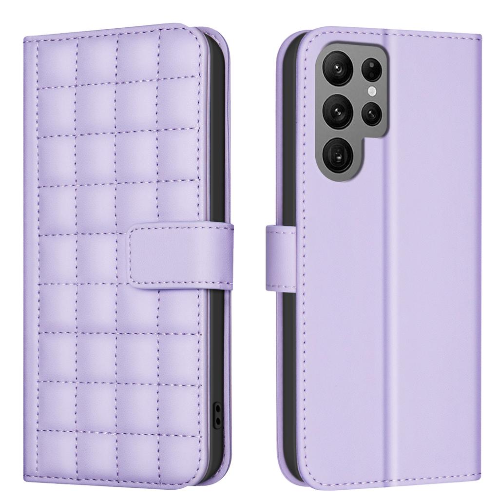 Kleine Handyhülle mit Klappständer und quadratischem Gitterdesign aus PU-Leder für Samsung Galaxy S21, S22, S23, S24, A12, A13, A14, A15, A52, A53, A24.
