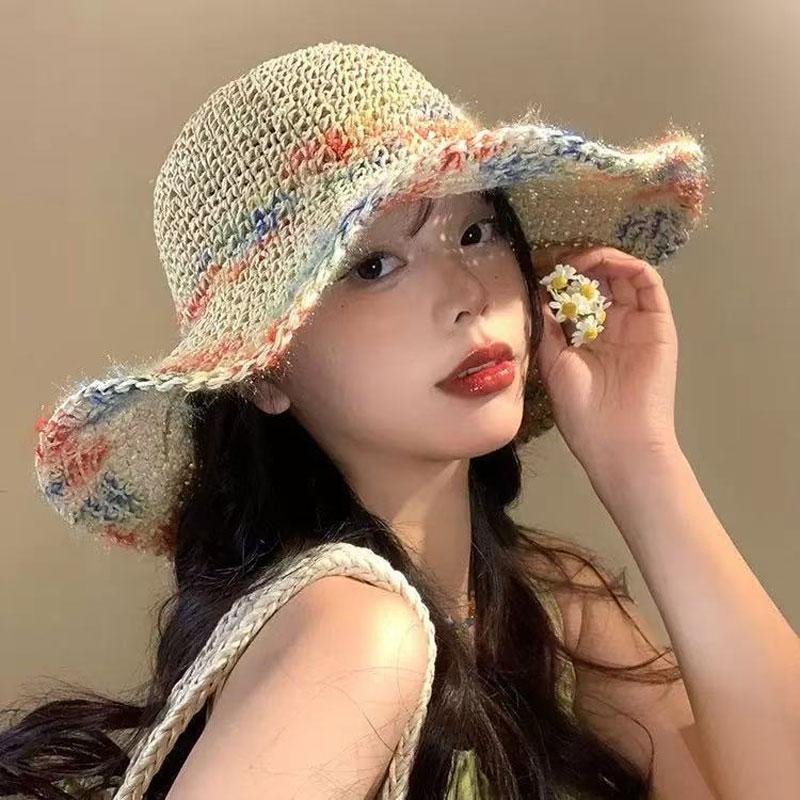 Women's Summer Foldable Sun Hat Floppy Travel Beach Cap Wide Brim Beach Bucket Hat with Colorful Woven Pattern