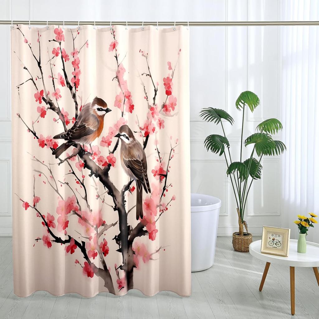 Japanese Cherry Blossom Shower Curtain Set, Asian Anime Shower Curtains for Bathroom Cool Watercolor Abstract Art
