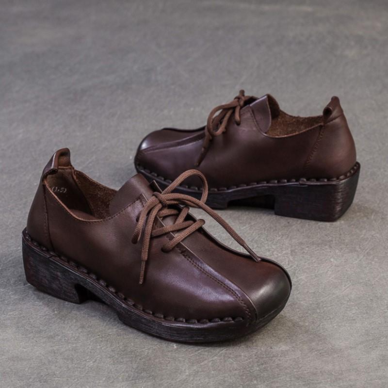 Fashion GKTINOO 2025 Autumn New Genuine Leather Round Toe Lightweight Casual Mid Heel Pumps Versatile Soft Sole Lace Up Women's Shoes