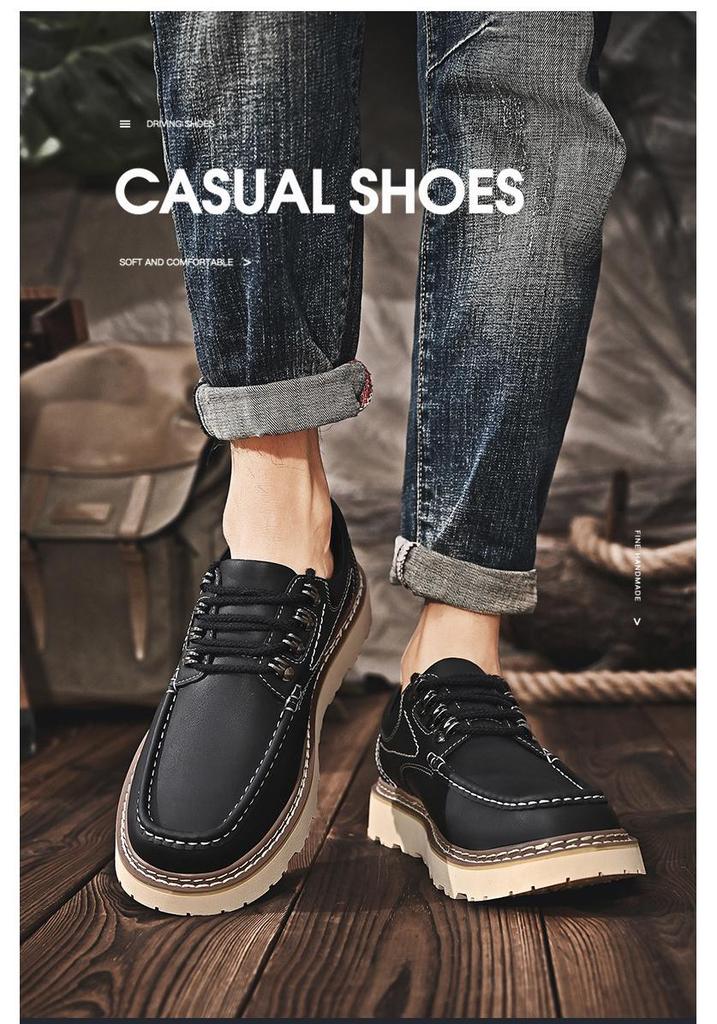 Men's 2023 Genuine Leather Casual Shoes - Trendy, Versatile, Thick Sole, Height Increasing, Anti-slip, Soft Sole, Lace-up