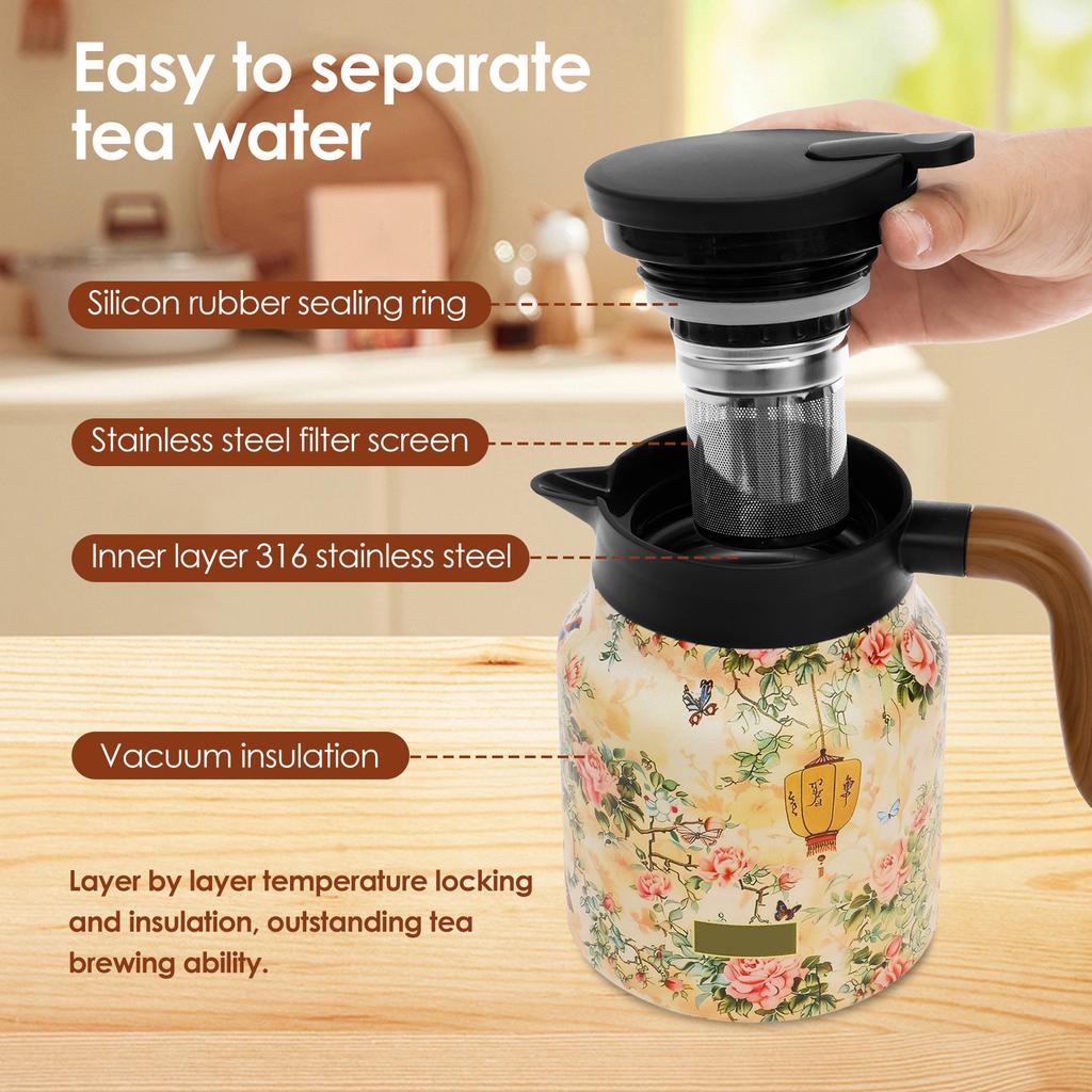 Indoor Insulated Tea Kettle with Comfortable Handle Built-in Stainless Steel Inner Pot Floral Pattern Insulated Kettle