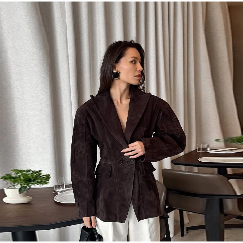 Dark Brown Suede Laplel Jacket Women's Warm Long Sleeve Commute Outerwear Retro British Style Temperament Jacket Autumn 2025