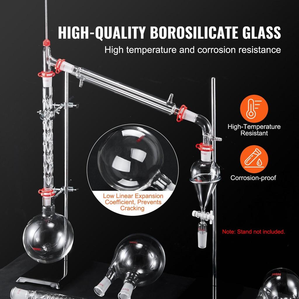Lab Distillation Kit, 3.3 Boro Lab Glassware Distillation Kit with 24, 40 Joint, 1000ml Essential Oil Distillation Apparatus Kit, 32 pcs Set of