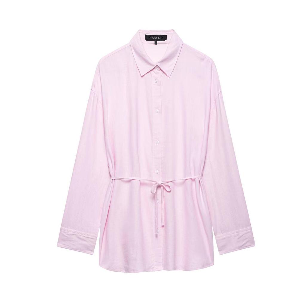 TAOP&ZA Women's Spring/Summer Waist-Tie Long Sleeve Shirt with Turn-Down Collar