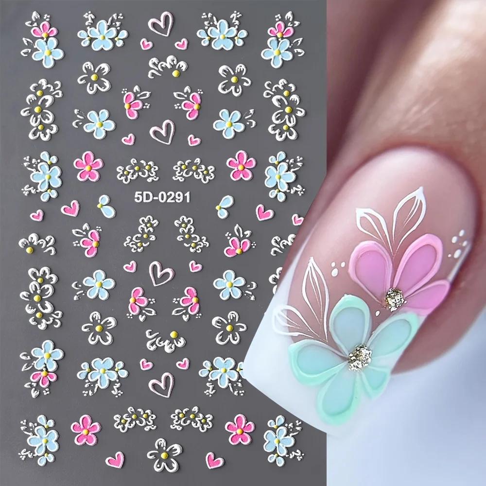 1PC 5D Floral Nail Stickers, Pink Blue Flower Butterfly Heart French Line, Spring Acrylic Decals Slider for Manicure Gift