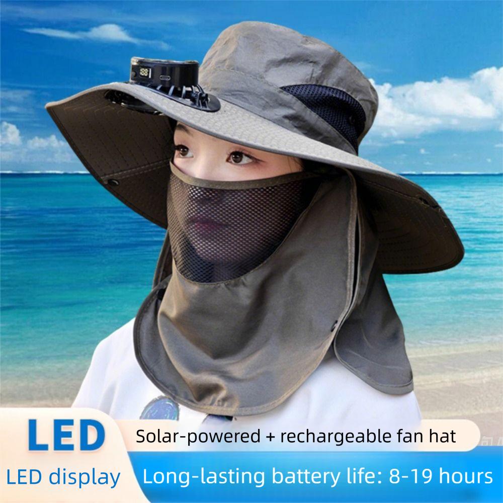 Neck Protection Sun Hat with Solar Fan Digital Display Screen Face Cover Bucket Hat  Hiking