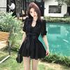 Black Waist Lace Splicing Polo Collar Dress Women's Summer Pure Desire Wind Bubble Sleeves A Word Short Skirt Wholesale