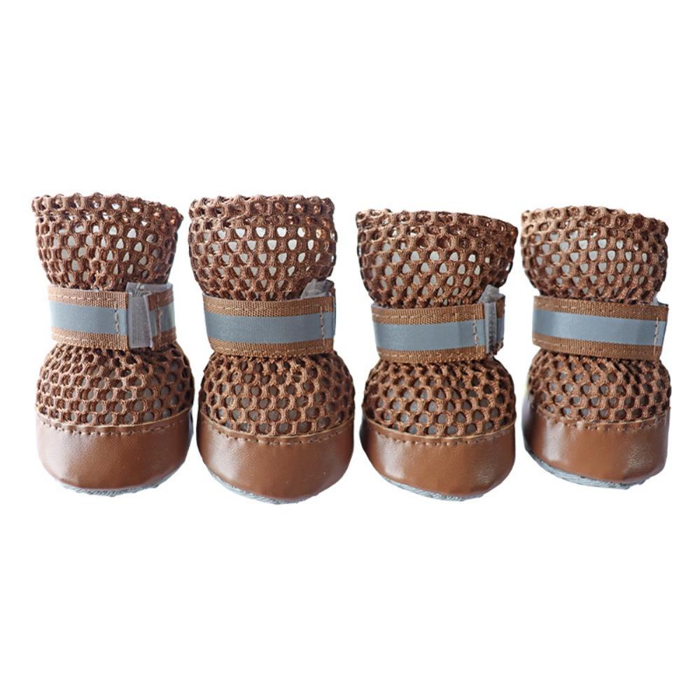 

4pcs/set New Breathable Pet Dog Shoes Adjustable Soft Sole Dog Boots Mesh Non-Slip Puppy Shoes for Spring Summer S-2 коричневий