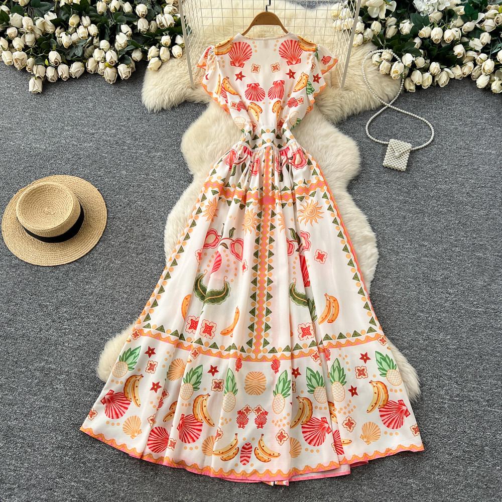 French holiday style V-neck printed small flying sleeve dress women's spring and summer waist A-shaped long dress temperament commuter skirt