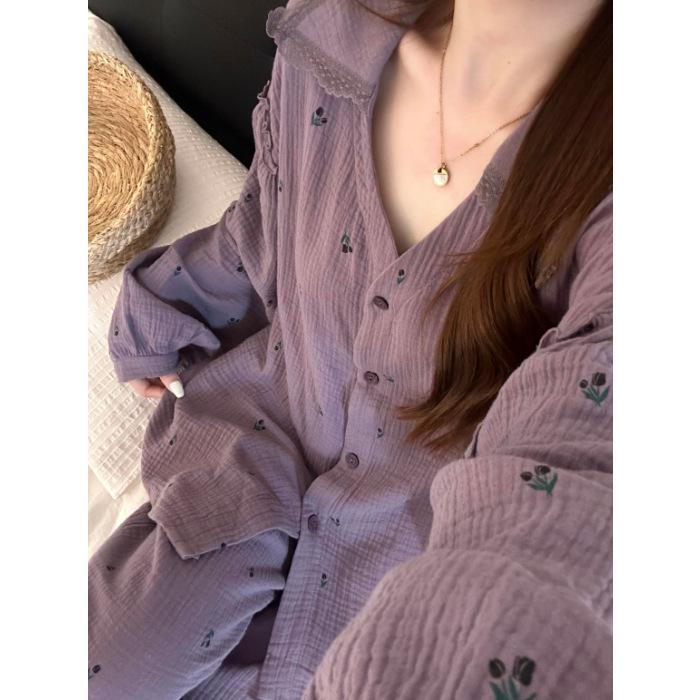 

Spring and autumn pajamas women s new cloud cotton long-sleeved small lapel trousers casual loungewear set XXL