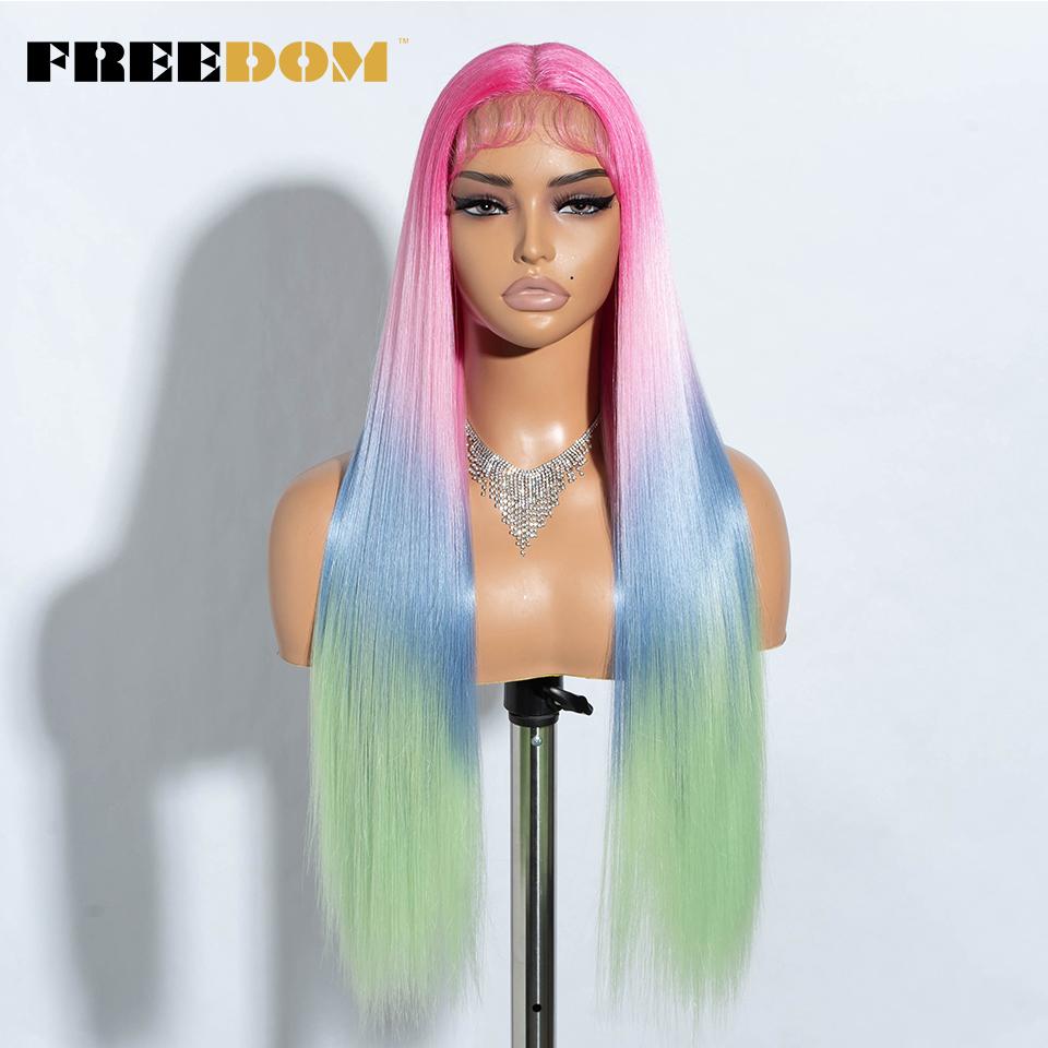 FREEDOM Long Straight Synthetic Lace Front Wigs For Women 30 Inch Ombre Blue Blonde Lace Wig Easy Wear Cosplay Wig