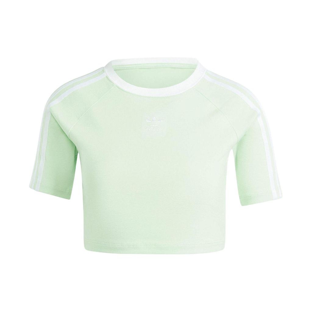 Adidas Originals Stripe Color Block Logo Round Neck Slim Fit Short Sleeve Cut Shoulder Tee Women Tops Green IP0659