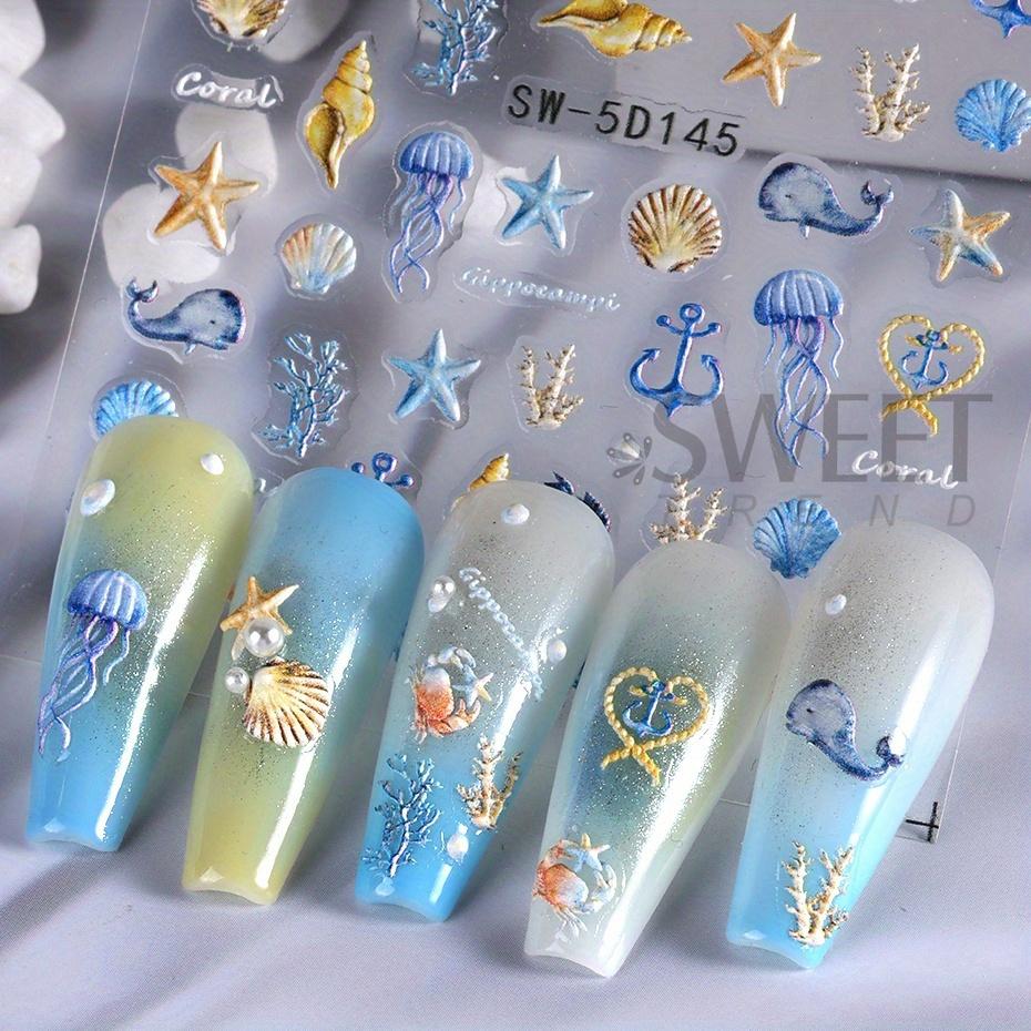 5D Jellyfish Summer Beach Nail Stickers White Shell Starfish Screw Adhesive Sliders Mermaid Embossed Decals Manicure Foils Decor