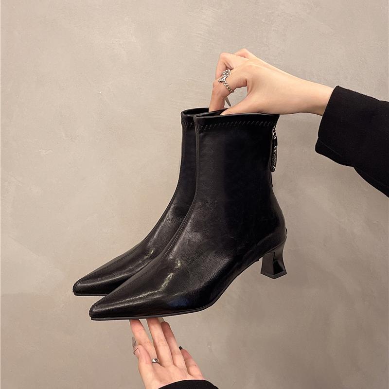 Mode Weiße Stiefeletten mit Reißverschluss hinten Winterschuhe für Damen Stiefel-Damen Reißverschluss Niedrig Sexy 2025 Damen Hoher Absatz Spitz Rock Herbst Spitz T