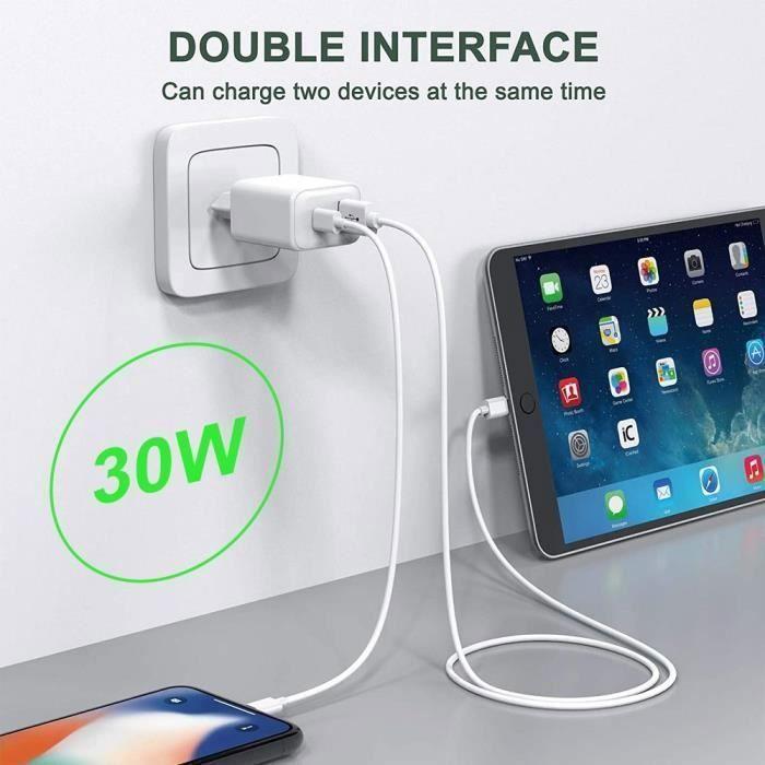 Chargeur Secteur 30W - 2 Ports USB-C et USB-A - Charge Rapide - Compatible iPhone 17/17 Air/16/16e
