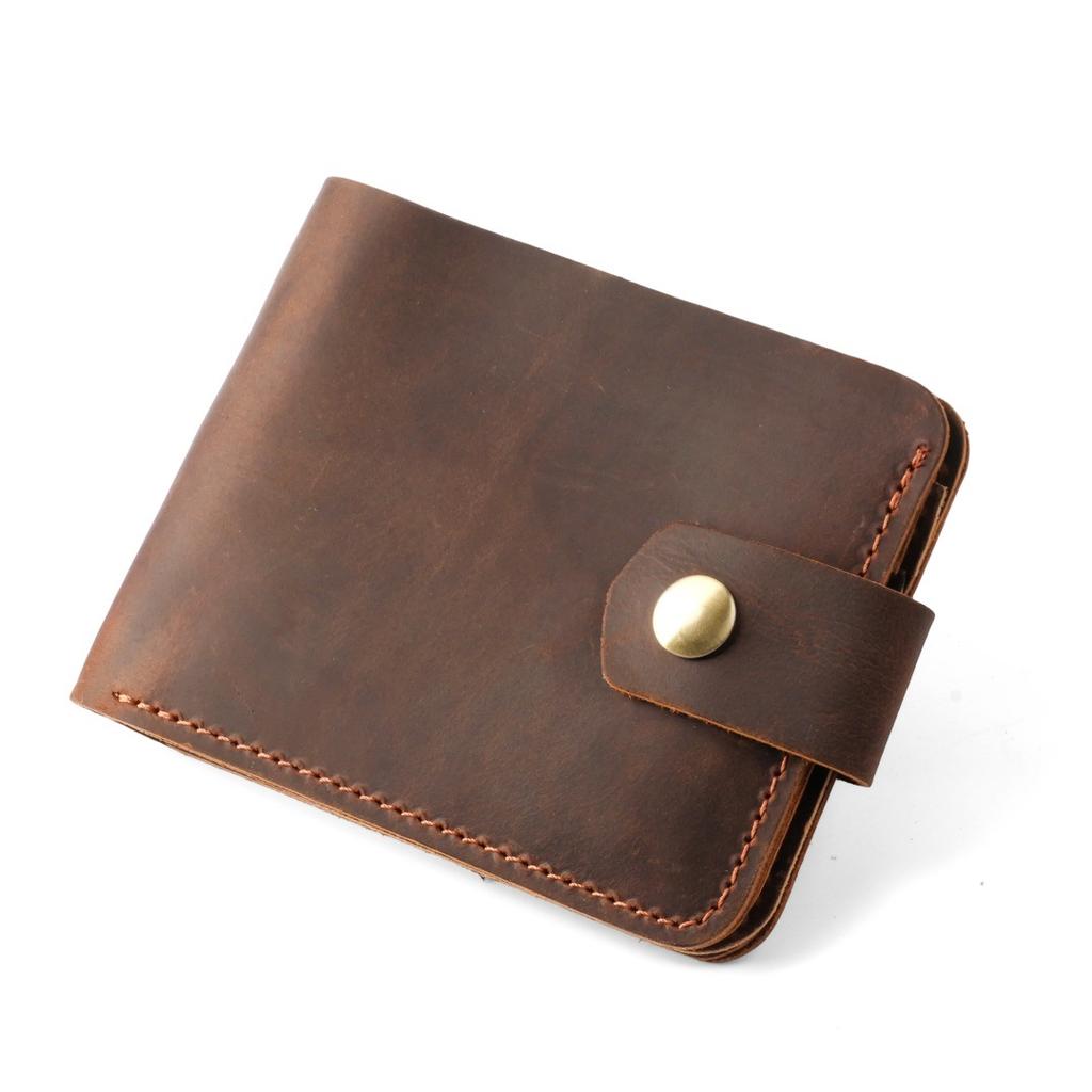 Handmade Crazy Horse Genuine Leather Men Wallet Hasp Snap Closure Minimalist Vintage Bifold Purse Short Cowhide Card Holder