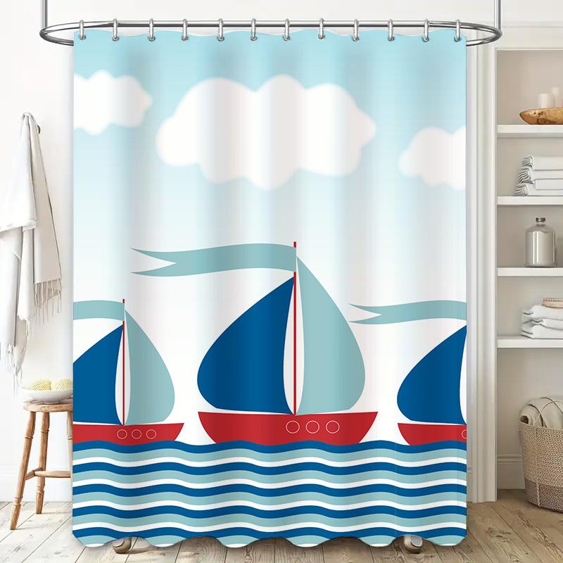 Bright Sailboat Shower Curtain Set: Blue Waves Bath Decor, Kids Room Wall Hangings Bathroom Decor For Home Decoration