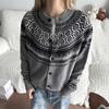 Womens Round Neck Knit Cardigan Fair Isle Print Thick Warm Winter Outerwear