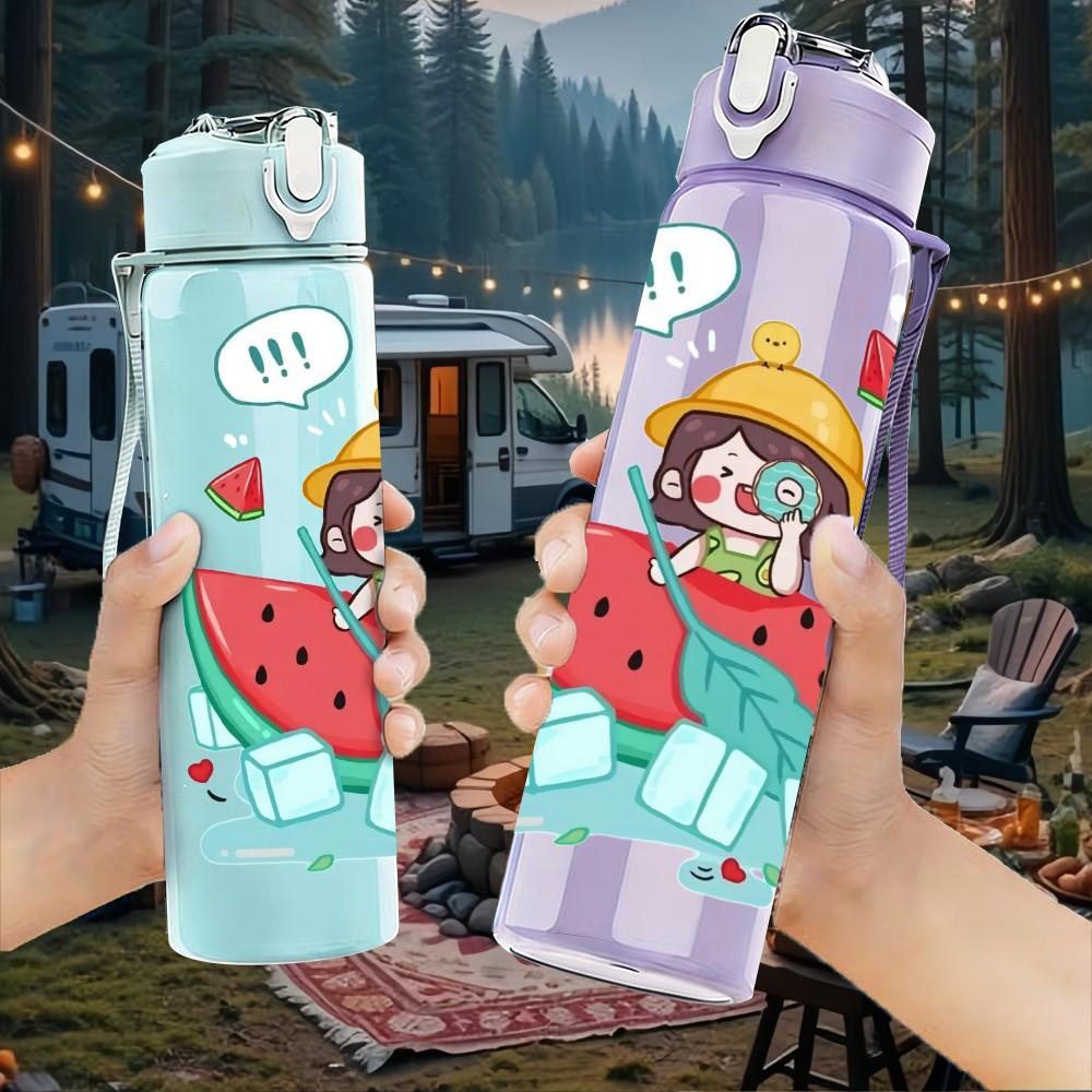 1PC Girl Hold Watermelon Summer Cartoon Print 750ml Color Plastic Sports Water Bottle Leakproof Flip Straw Lid Suitable for Sports Office Home Use