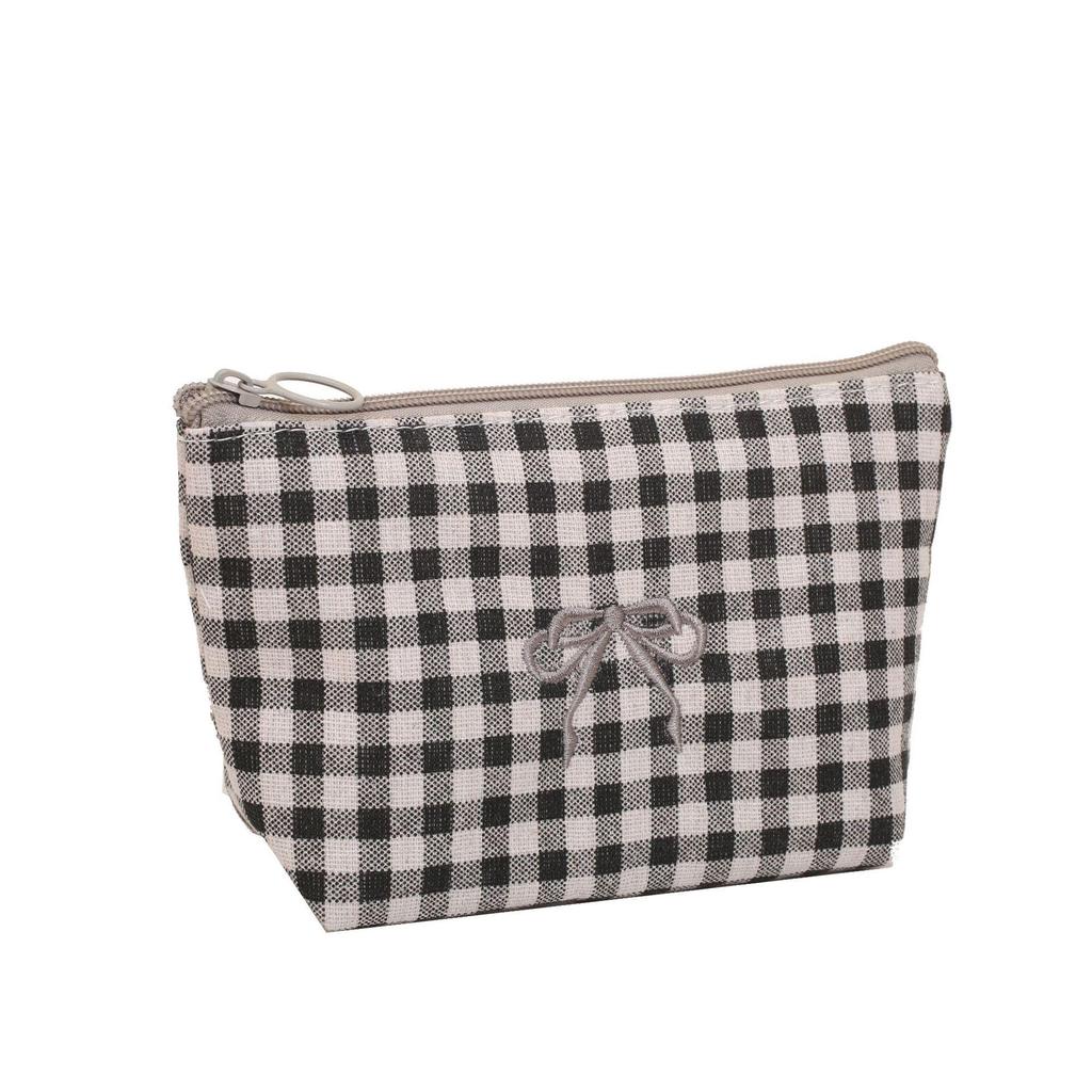 Large Plaid Makeup & Toiletry Bag with Bow Embroidery - Portable Handheld Storage & Student Pencil Case