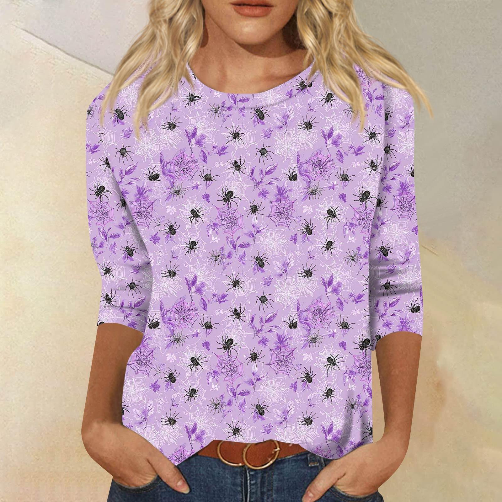 

Women s Fashionable Casual Three-Quarter Sleeve Halloween Print Round Neck Top XXXL фіолетовий