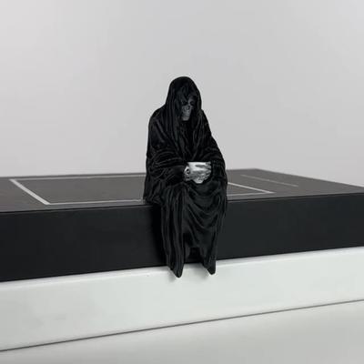 Grim Reaper Statue Halloween Long Robe Sitting Skeleton Figurine Gothic Tabletop Ornament for Home Garden Desktop Bookshelf Decor