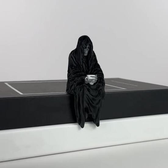 Grim Reaper Statue Halloween Long Robe Sitting Skeleton Figurine Gothic Tabletop Ornament for Home Garden Desktop Bookshelf Decor