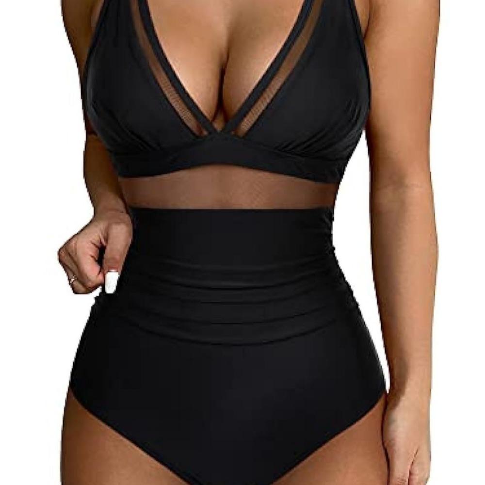 Europäischer und Amerikanischer Einteiliger Badeanzug Damen Sexy Cutout Mesh Tiefes V Push Up Bikini