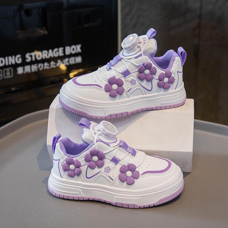2026 Spring Floral Girls' Skate Shoes with Rotating Button - Fashionable White Sports Sneakers