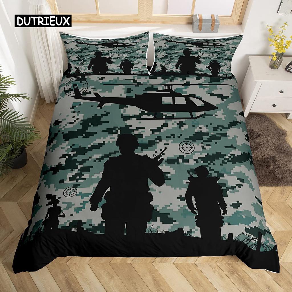 Soldier Duvet Cover Set King Size Soldier Helicopter Silhouette Bedding Set Microfiber 2/3pcs Green Black Military Quilt Cover