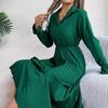 Spring Summer Women Long Sleeve Solid Pleated High Waist A Line V-Neck Long Dress