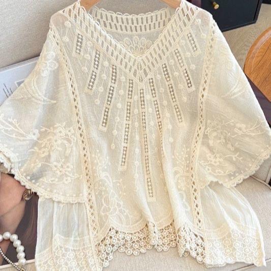 Bohemian Hollow Embroidered Knitted Sweater Summer Design Sense Niche Loose V-neck Sunscreen Blouse Top Women