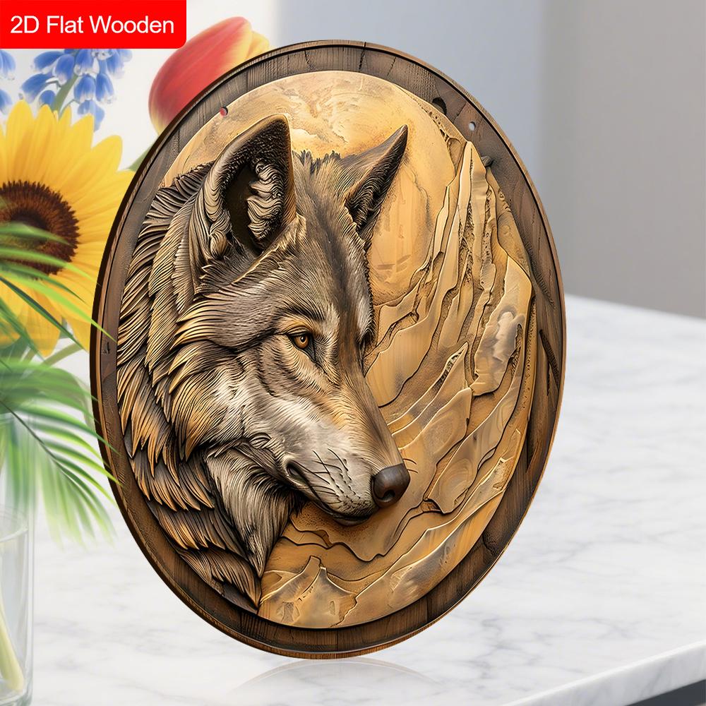 Unik träskylt med vargmönster - Rustik rund skylt för ytterdörr, vägghängande dekor - Idealisk present till vän & familj
