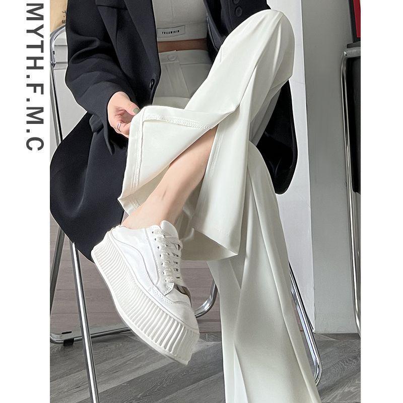 

Women s High Waist White Summer Micro-Flare Slit Pants - Slim Fit, Straight Leg, Ice Silk Draping, Wide Leg Style Large