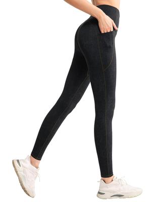 Yvette Yoga Pants with Denim Cropped Sports Size Black Women's High-Waisted Pockets, Print, Cover, Compression, Length, Yoga, Running, Gym, Tights,