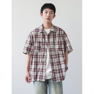 Kariertes Hemd Herren Sommer Japanisch Retro Locker Lässig Fünfviertelärmelhemd Amerikanische High Street Trendmarkenjacke