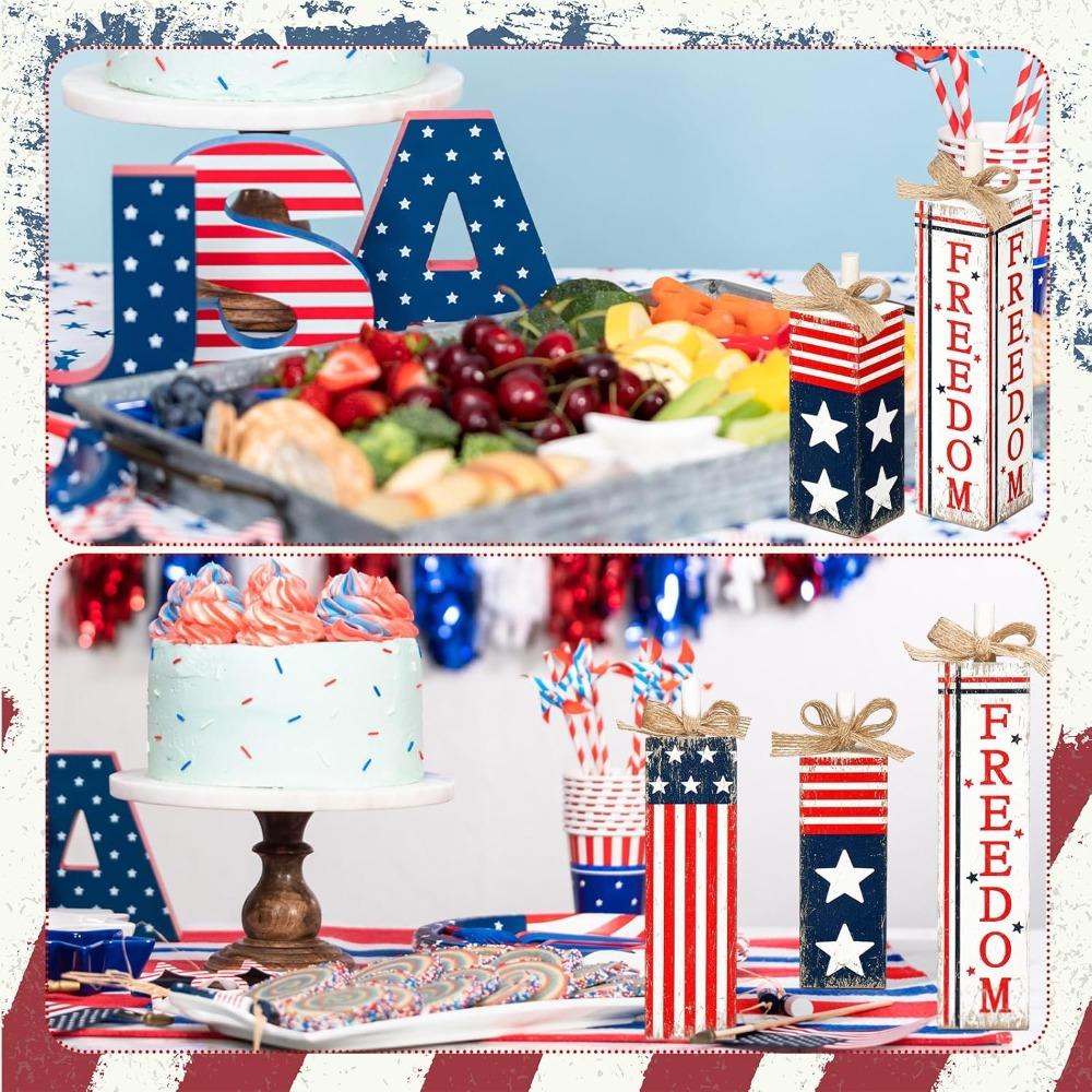 Patriotic Wood Block Sign Vintage 4th of July Tiered Tray Decor Rustic Farmhouse Memorial Day Independence Day Table Centerpiece