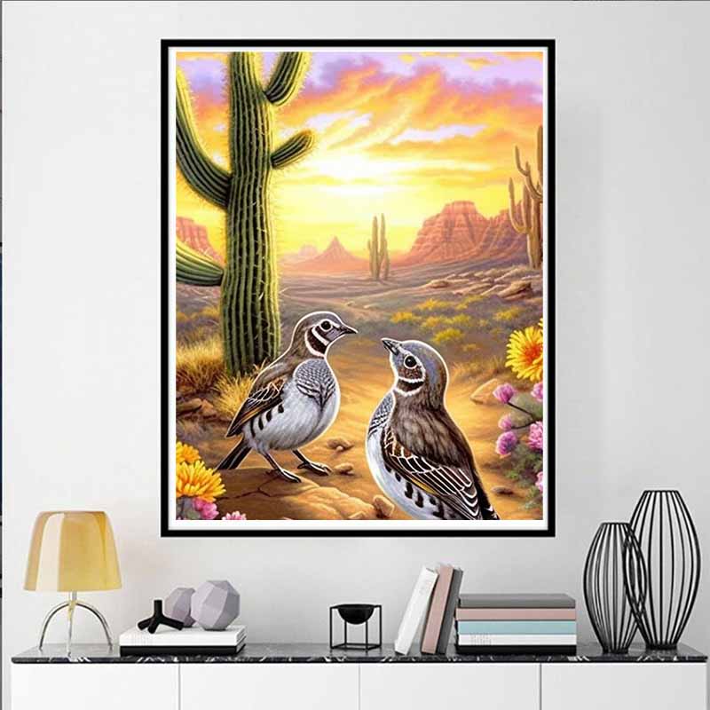 New Arrival 5D DIY Full Circle Diamond Painting "Desert Cactus and Birds" Embroidery Cross Stitch Home Decor Gift