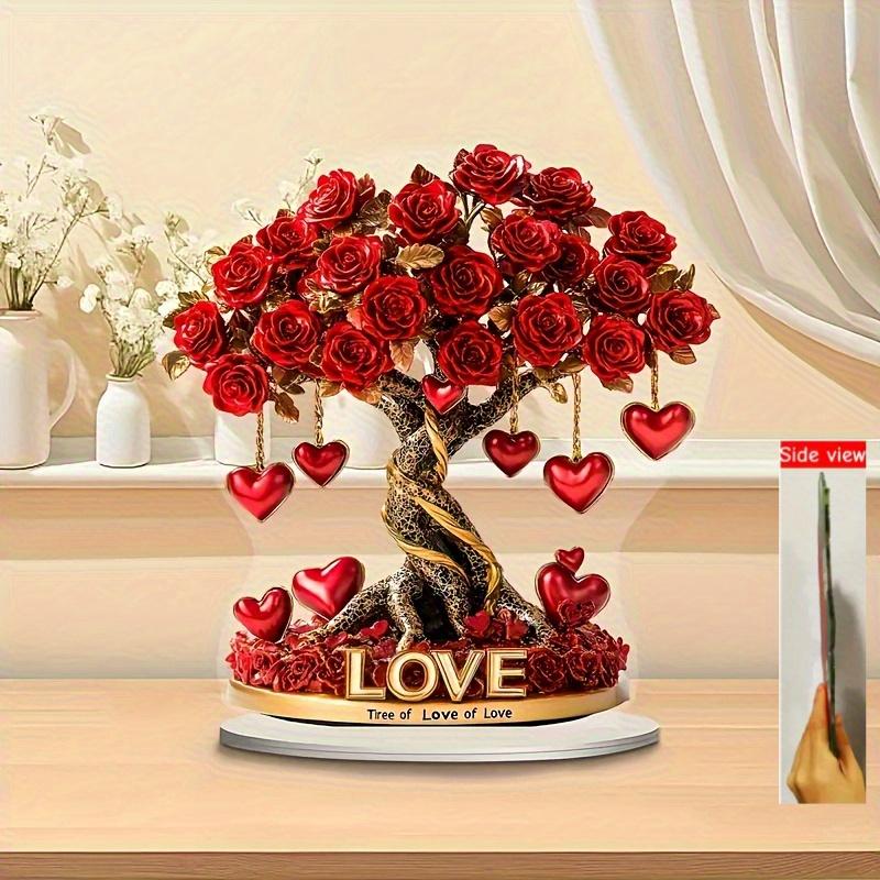 Bohemian Style Acrylic Crystal Heart Rose Tree Decoration, Suitable for Halloween and Christmas Ornaments with Golden Base and Red Roses 