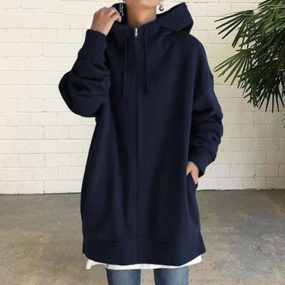 Herfst Winter Jas met Capuchon Ritssluiting Trekkoord Hoodie Lange Mouwen Losse Effen Kleur Warm Zakken Mid