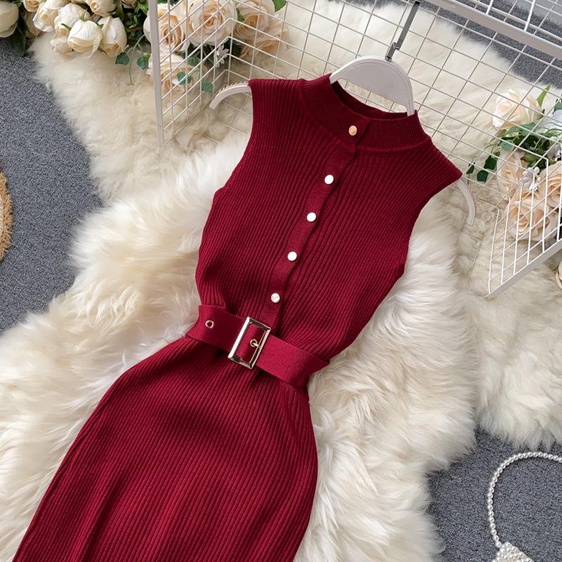 RUGOD European and American Dress Women's New Breasted Lace-up Waist and Hips Elastic Knitted Sleeveless Sexy Hip Dress