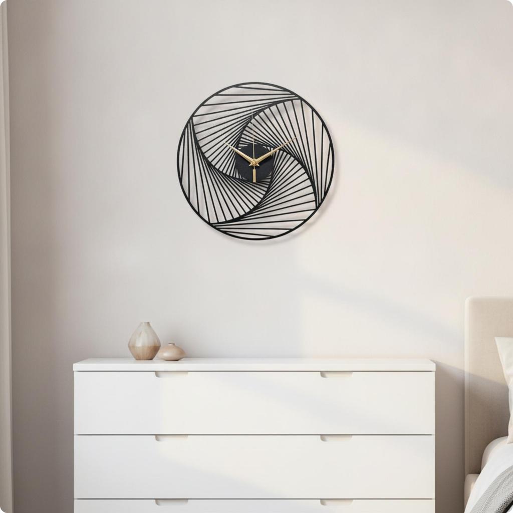 Metal Wall Clock Black with Openwork Frame Modern for Homeowners, Simplicity Lovers, Living