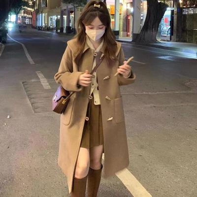 Dámske kabáty golier s golierom jednoradový kravský roh gombík na strednú dĺžku vysokoškolský štýl znížený vek vlnený kabát ženy oblečenie