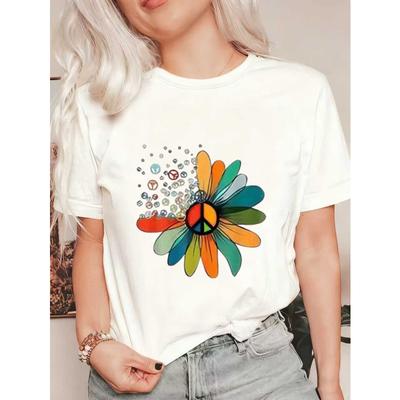 Φαρδύ T-shirt Μαύρο Πολύχρωμο Λουλούδι Σημάδι Ειρήνης Εκτύπωση Casual Ρούχο Για Γυναίκες Καλοκαίρι Streetwear Μόδα Μπλουζάκι