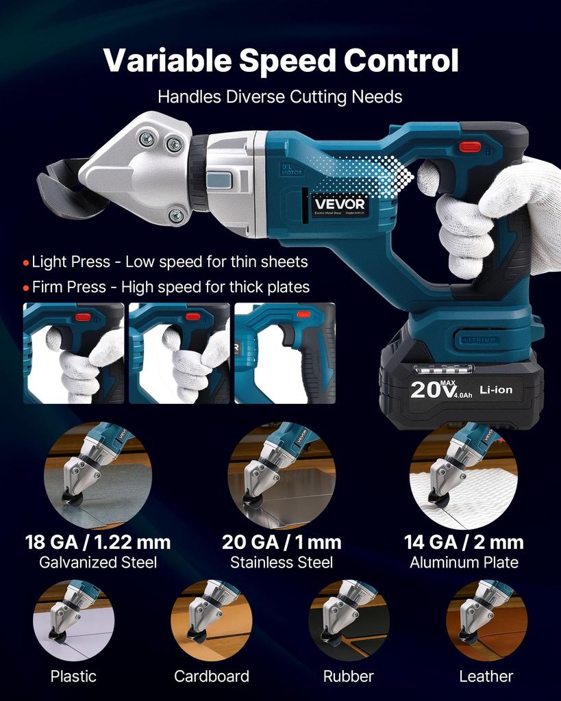 VEVOR Metal Shear, Cordless Sheet Metal Cutter with 360-Degree Pivoting Head, Double Blades, 220VAC 20VDC, Cuts 1.22 mm Galvanized Steel
