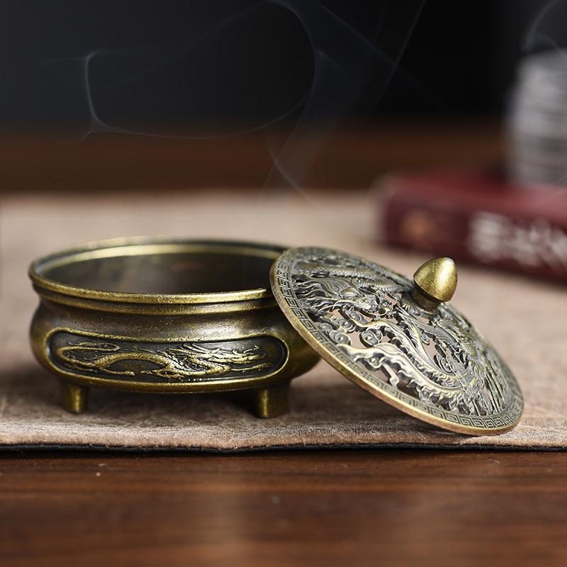 Mini Antique Brass Incense Burner Propitious Dragon Phoenix Hollow Incense Censer Ornaments Chinese Ancient Tea Desk Decor