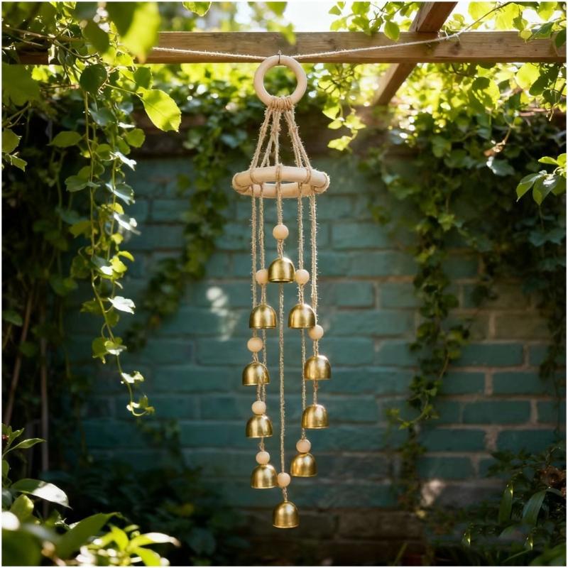 Wood Garden Wind Chimes Golden Bells Ornaments For Patios Balcony Decoration Harmonious Tones